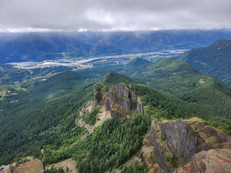 View of the south face from the lookout point with the Colombia River in the background.