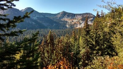 The West Branch of the Pack River (not seen) runs in the nearby valley below. Rugged peaks of Idaho's Selkirk Mountains are on the far side of the valley. Seen looking south from Chimney Rock Trail.