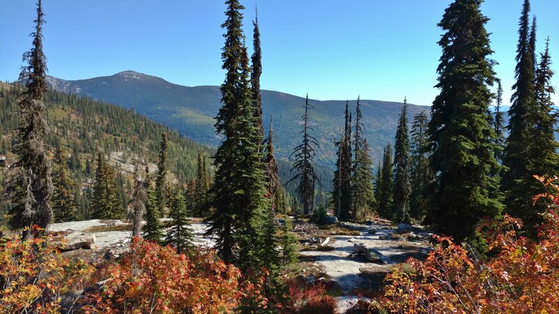 Roman Nose Peak (left) and the forested ridge on the far side of the Pack River valley, are all in the distance. Close by on the left, is the ridge on the far side of the Chimney Creek valley. Looking east from high on Chimney Rock Trail.