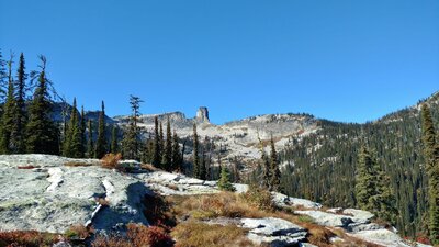 Great view of Chimney Rock (center) from the rock slabs high on Chimney Rock Trail.