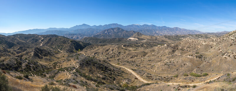 Panorama across Cajon Canyon with Ralston Peak and snow capped Mount Baldy.