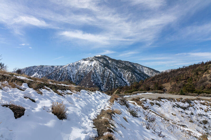 Snowy trail but great views of Mount Baden-Powell.