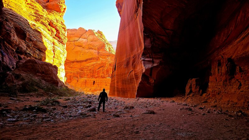 Exiting Wire Pass into Buckskin Gulch early morning.