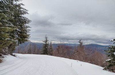 Rounding a bend on the wonderfully groomed Outer Limits Trail, with its wide, open views of the mountains.