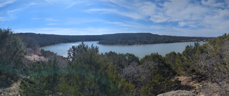 Looking across Tucker Lake at the two coves formed by the large peninsula of land that juts out into the lake.