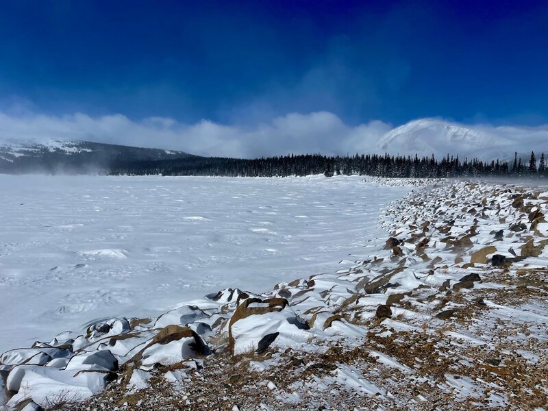 Lefthand Reservoir with Mt Audubon to the right on a windy winter day.