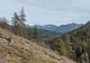 Nearby on the far right, are forested northern slopes of Peewee Peak. Southern slopes of Jasper Mountain are on the left. Prater Mountain, on the right, is in the distance. In the far distance are snow peaks of the rugged Selkirks.