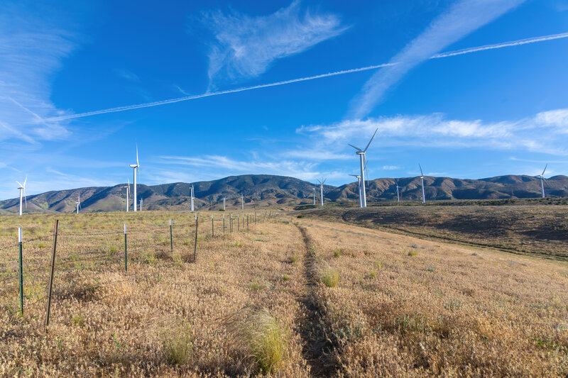 Following the fence line to the last few wind turbines.