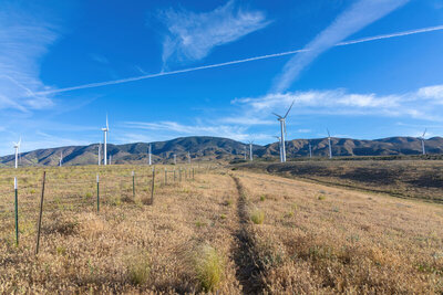 Following the fence line to the last few wind turbines.