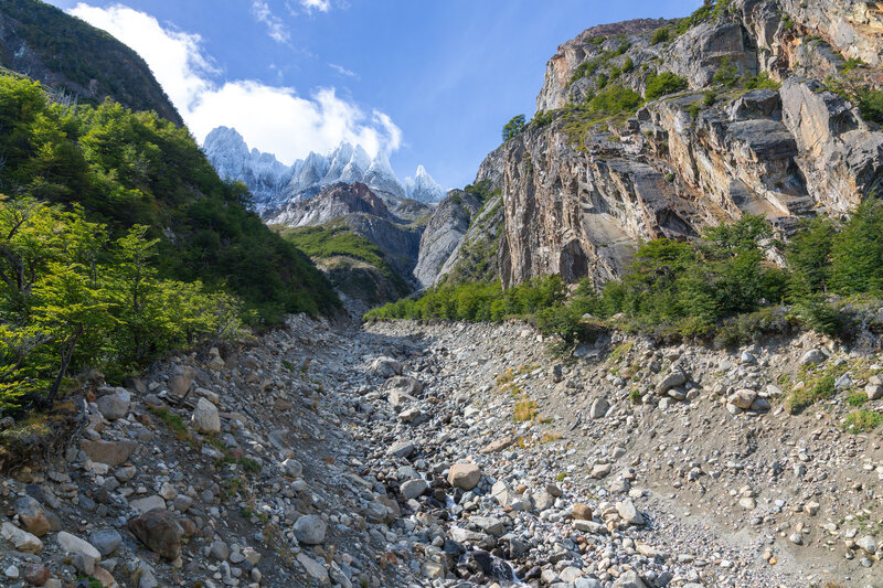 View from the suspension bridge up the rocky chute.