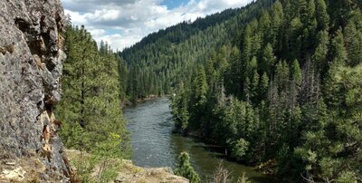 Looking down on the Selway River from the trail (bottom center left) that's high above the river on a rocky bluff here.