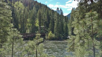 Pack bridge across the Selway River at a major trail junction with Selway River Trail (Three Links Trail, Sixty Two Trail, and Mink Peak Trail).
