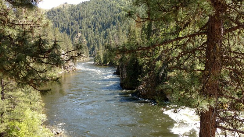 The Selway River winds through the rocky outcrops of its valley.  Seen looking upstream from the Selway River Trail.
