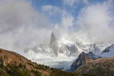 Fitz Roy shrouded in clouds.