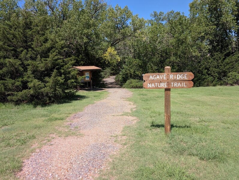 Trailhead marker for the Agave Ridge Nature Trail at Cedar Bluff Reservoir.