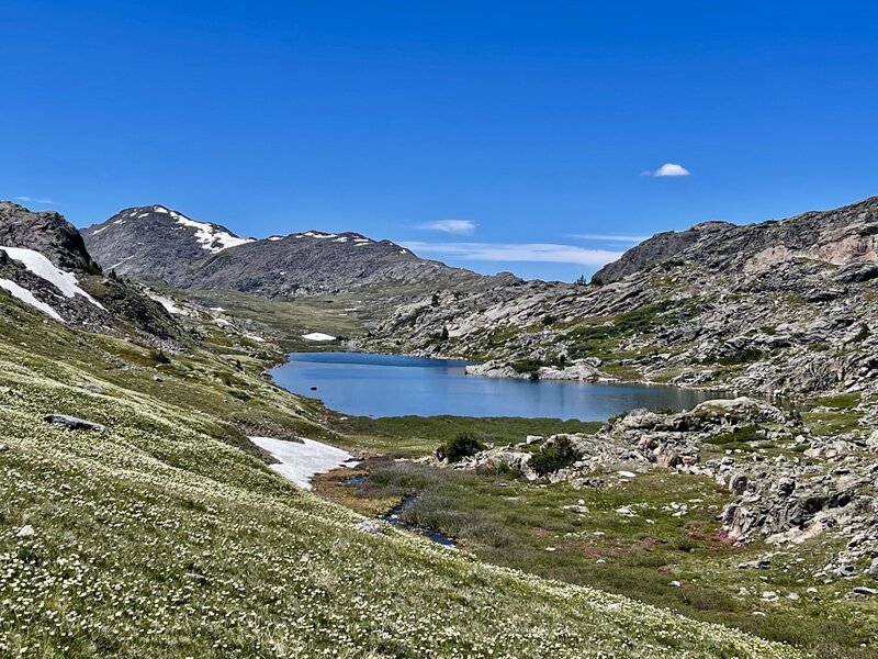 One of the Fortress Lakes with wildflowers.