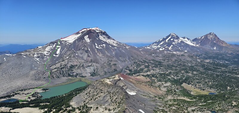 South Sister Route as seen from Broken Top. Green is "Spur" trail, Red is "Typical" trail.