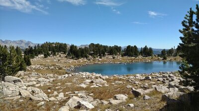 Gem-like tarn in the alpine, very close to the southern summit of Doubletop Mountain. On the left, in the distance, are high peaks of the Wind River Range "spine".