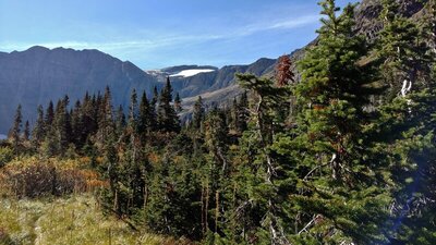 Ahern Glacier (center) is seen from the trail (bottom left) as it nears Helen Lake. Ahern Peak is the massive wall on the left.