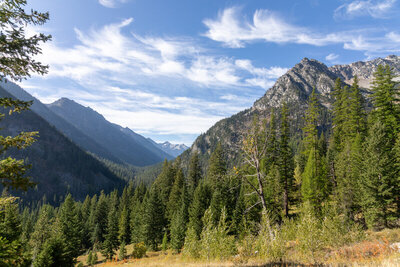 Looking south from the lower switchbacks of the Ice Lake Trail at 5,878 ft, the glaciated U-shaped trough of the West Fork Wallowa River canyon unfurls toward the distant granite divide.